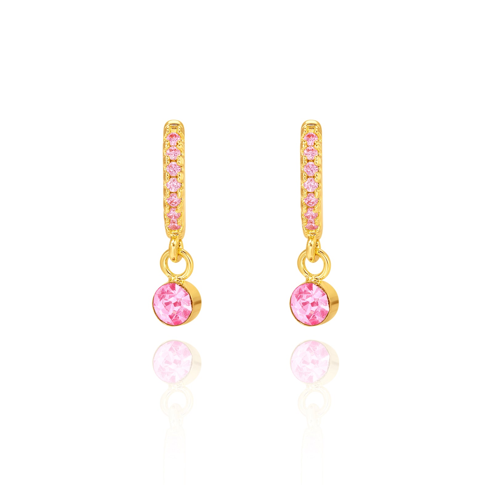 18K gold plated huggie earrings with round pink CZ solitaire drop, pair view