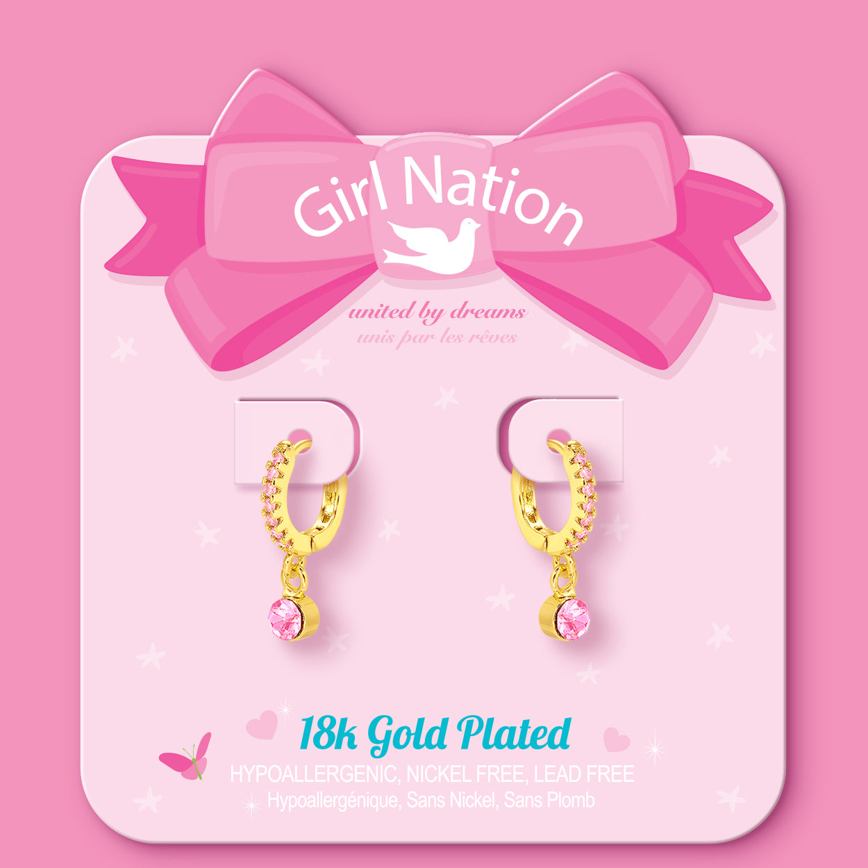 Pink solitaire drop huggie earrings on Girl Nation display card, hypoallergenic and nickel-free