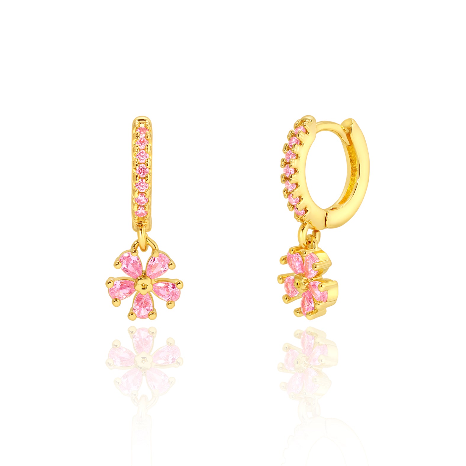 18K gold plated huggie earrings with pink CZ flower charm, pair view