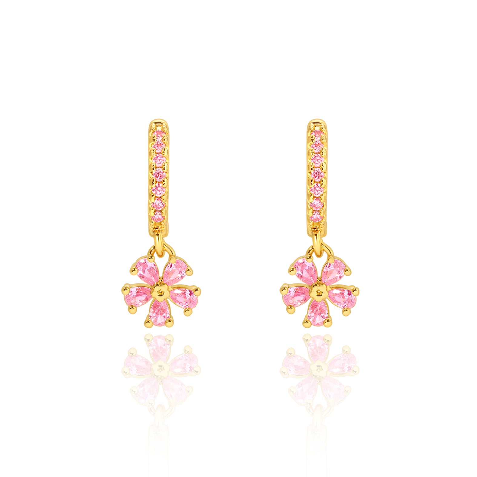 18K gold plated huggie earrings with pink CZ flower charm, pair view