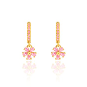 18K gold plated huggie earrings with pink CZ flower charm, pair view