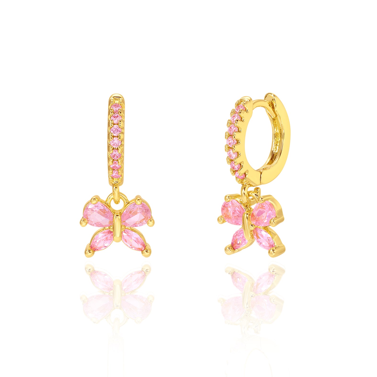 18K gold plated huggie earrings with pink CZ butterfly charm, pair view