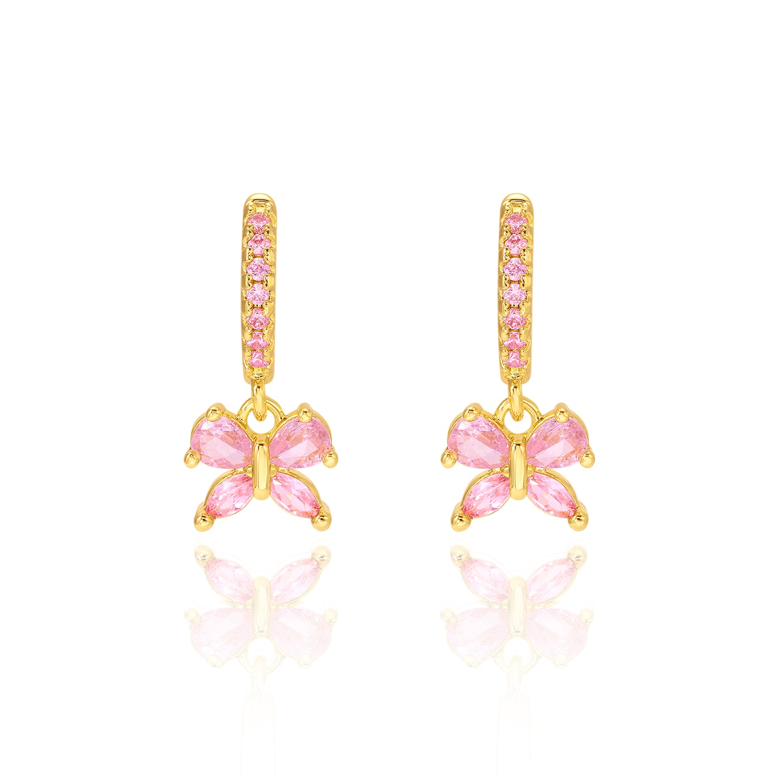 18K gold plated huggie earrings with pink CZ butterfly charm, pair view