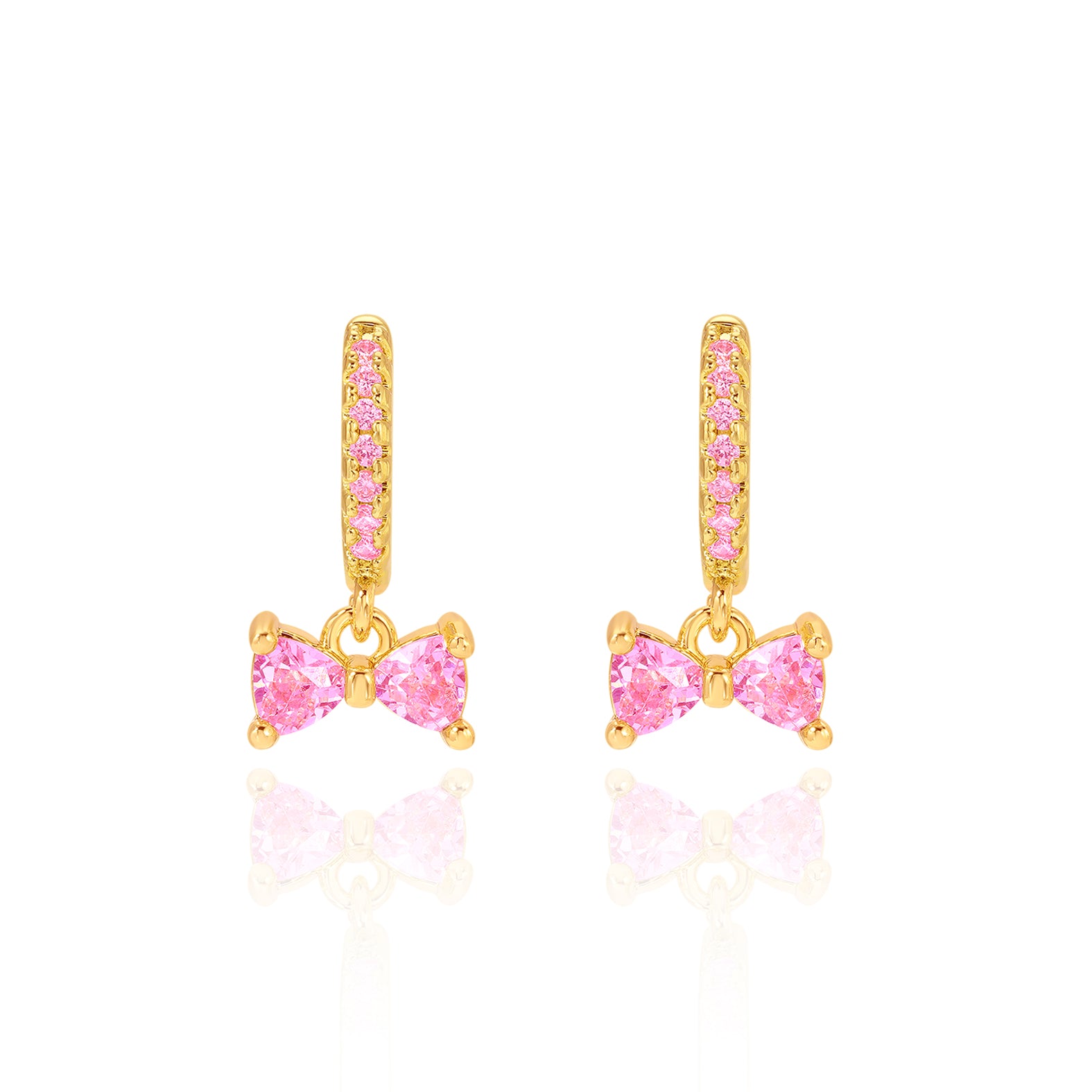 18K gold plated huggie earrings with pink CZ bow charm, front and side view