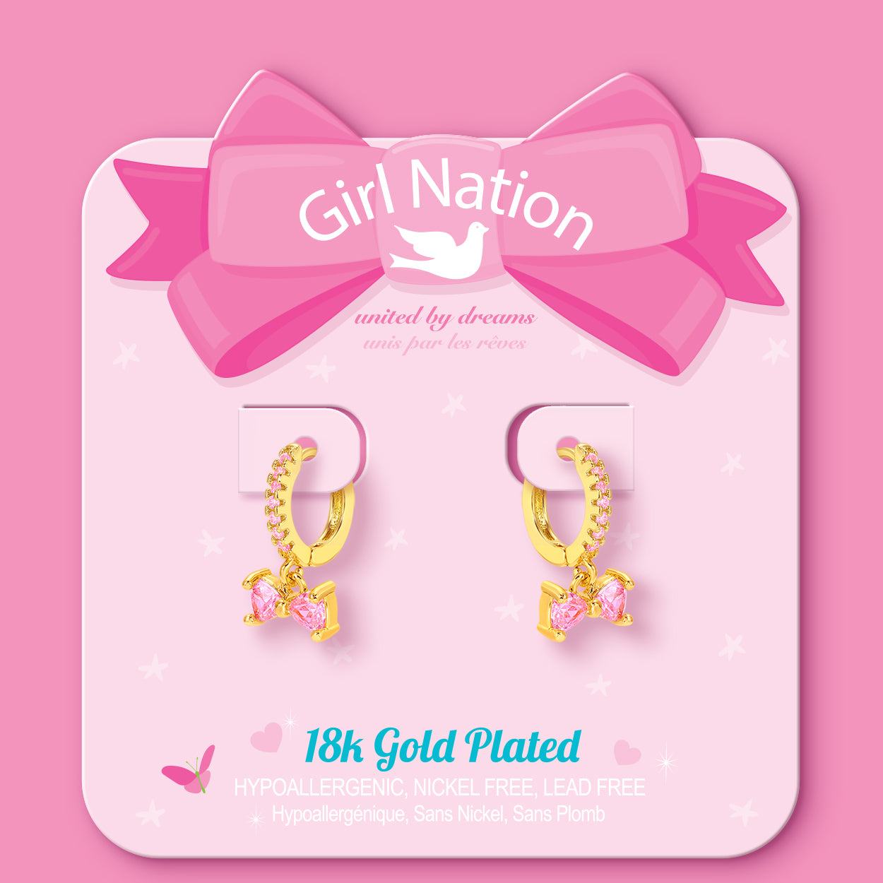 Pink bow charm huggie earrings on Girl Nation display card, hypoallergenic and nickel-free