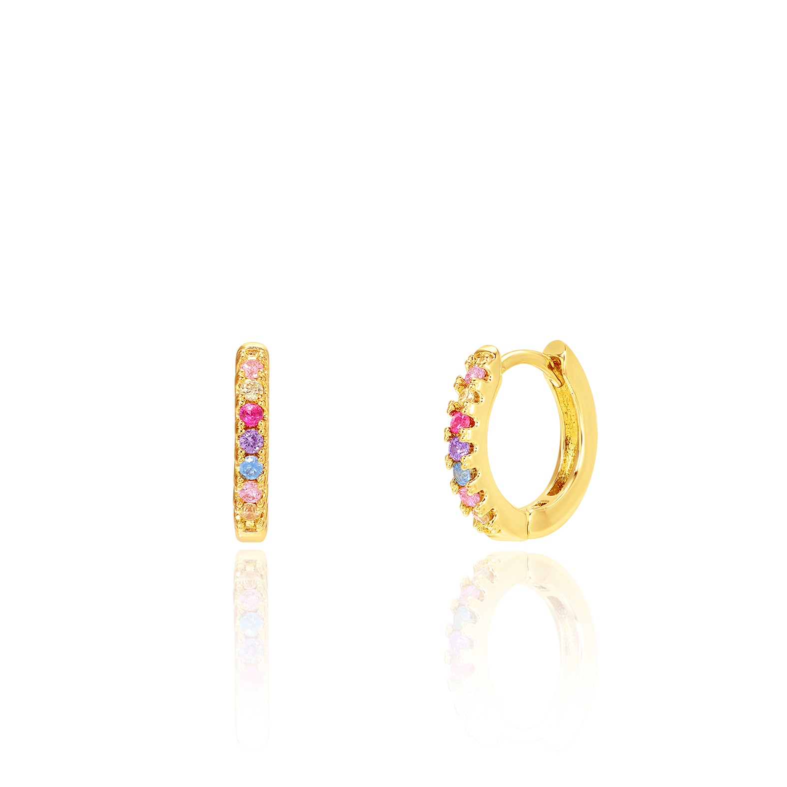 18K gold plated huggie earrings with pink, purple, and blue CZ stones, front and side view