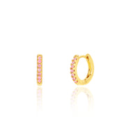 18K gold plated huggie earrings with pink CZ stones, front and side view