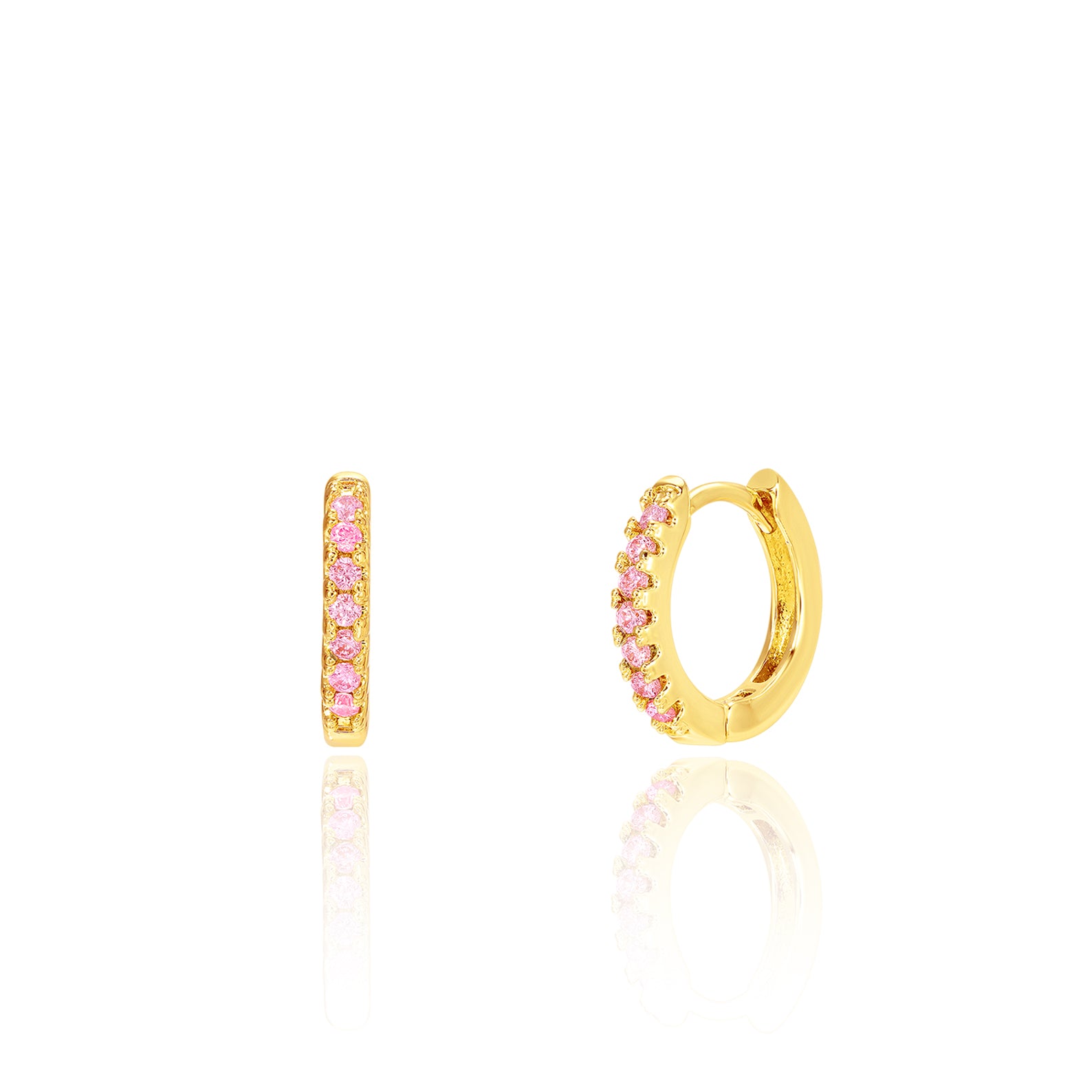 18K gold plated huggie earrings with pink CZ stones, front and side view