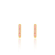 18K gold plated huggie earrings with pink CZ stones, front and side view