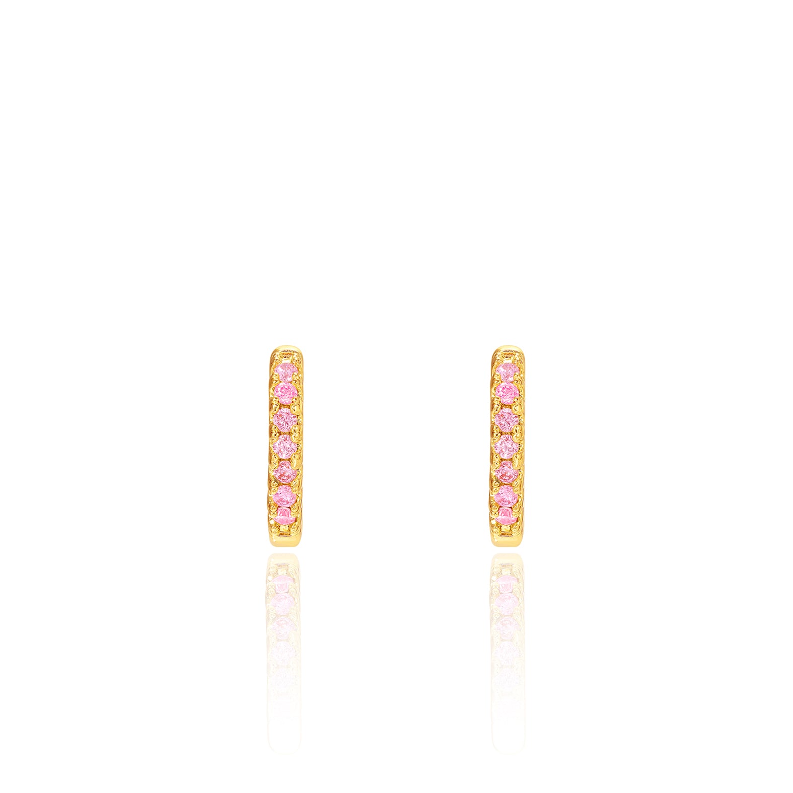 18K gold plated huggie earrings with pink CZ stones, front and side view