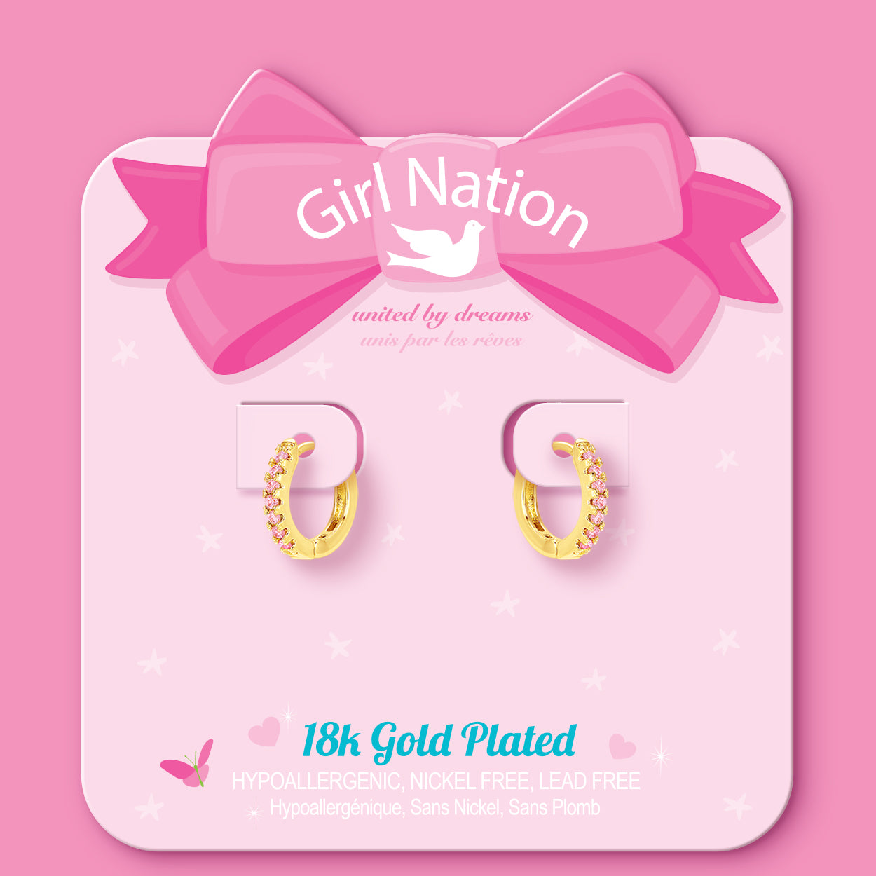 Pink CZ huggie earrings on Girl Nation display card, hypoallergenic and nickel-free