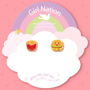 Close-up of the food-themed studs highlighting the skin-safe materials and comfortable back. Designed to be irritation-free and perfect for daily wear and play.