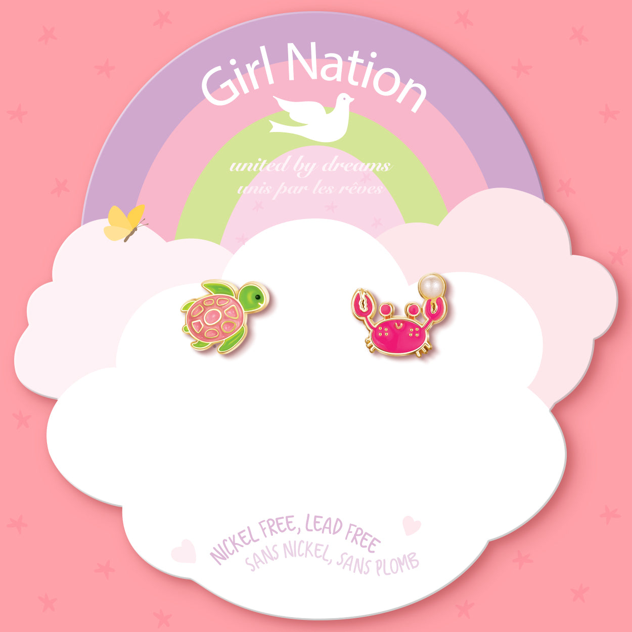 Detailed shot of the beach buds studs showing the protective back that ensures comfort during play. A safe, nickel-free choice for active children with sensitive ears.