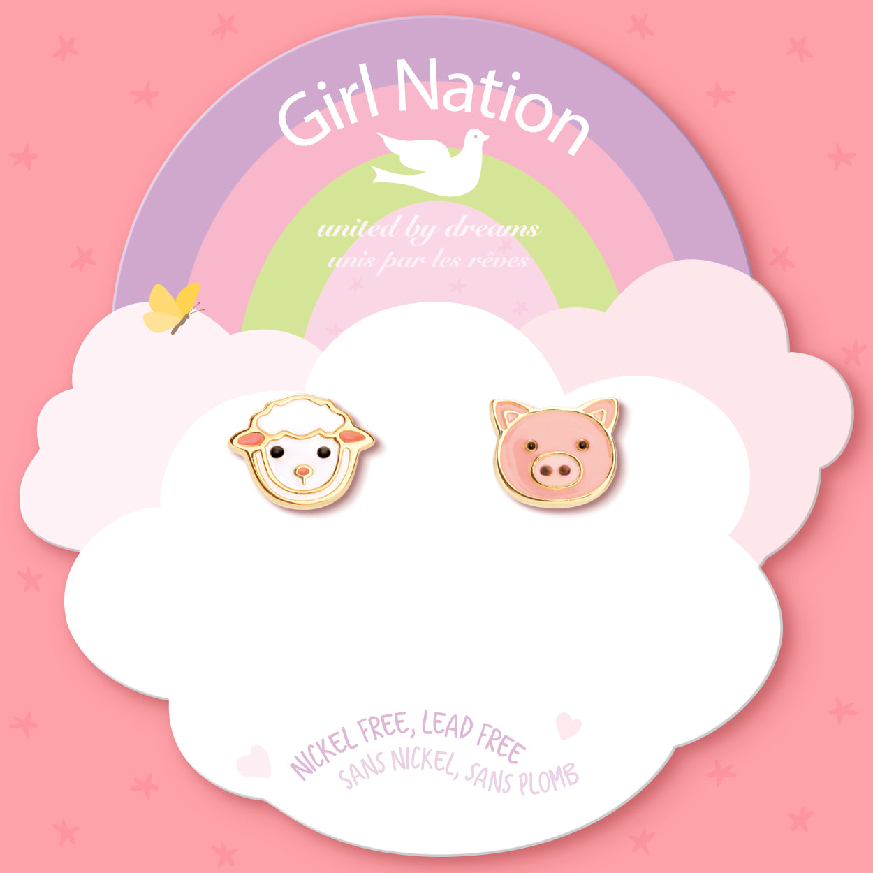 Detailed shot of the farm-themed studs showing the protective safety back. A safe, nickel-free choice for active kids that is gentle on newly pierced ears.