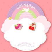 Macro view of the forest-themed stud design featuring a high-quality surgical steel post. Durable and tarnish-proof, ensuring a safe and stylish look for young children.