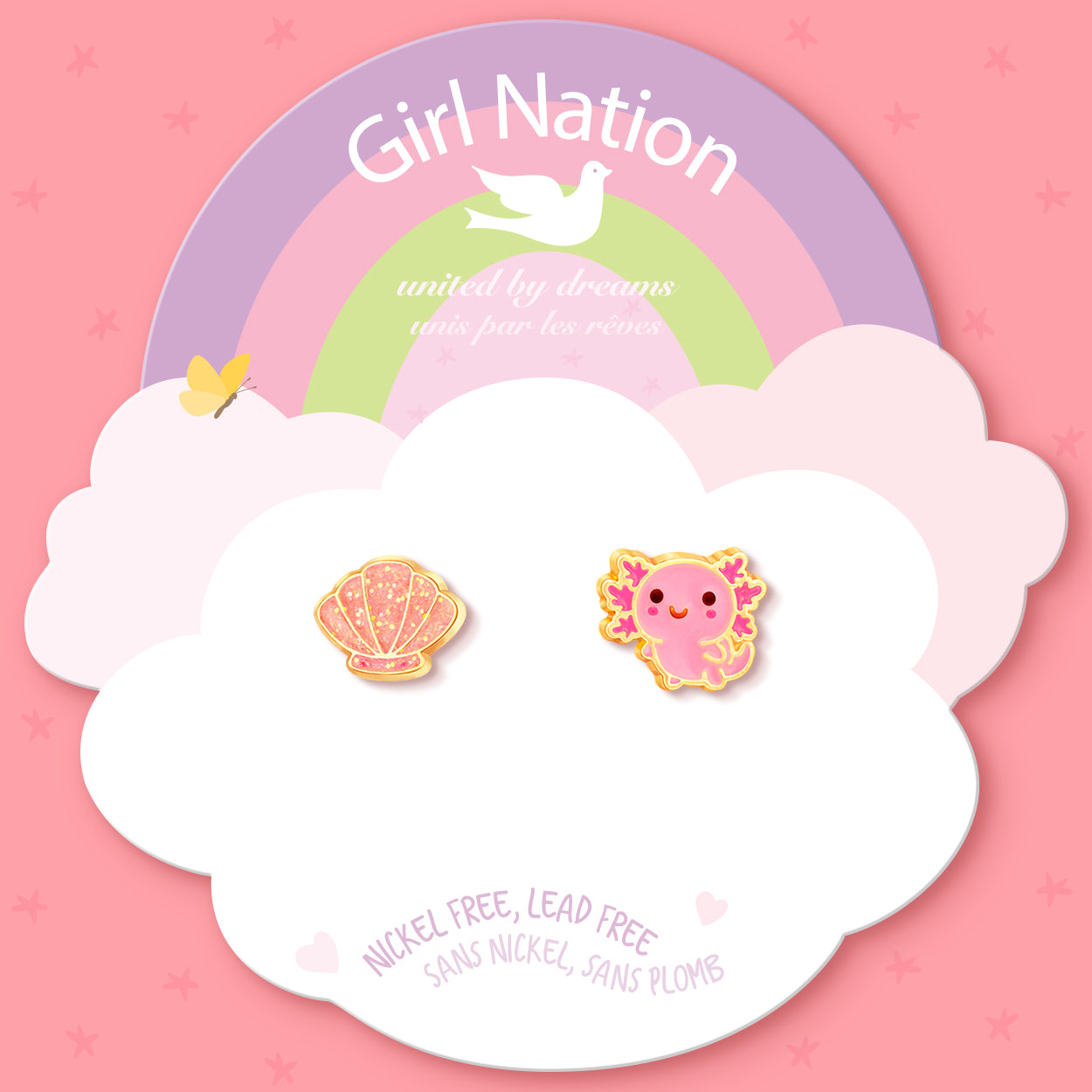 Macro view of the ocean-themed studs highlighting the detailed enamel and secure stay-on back. A family-approved, nickel-free choice for stylish young girls.