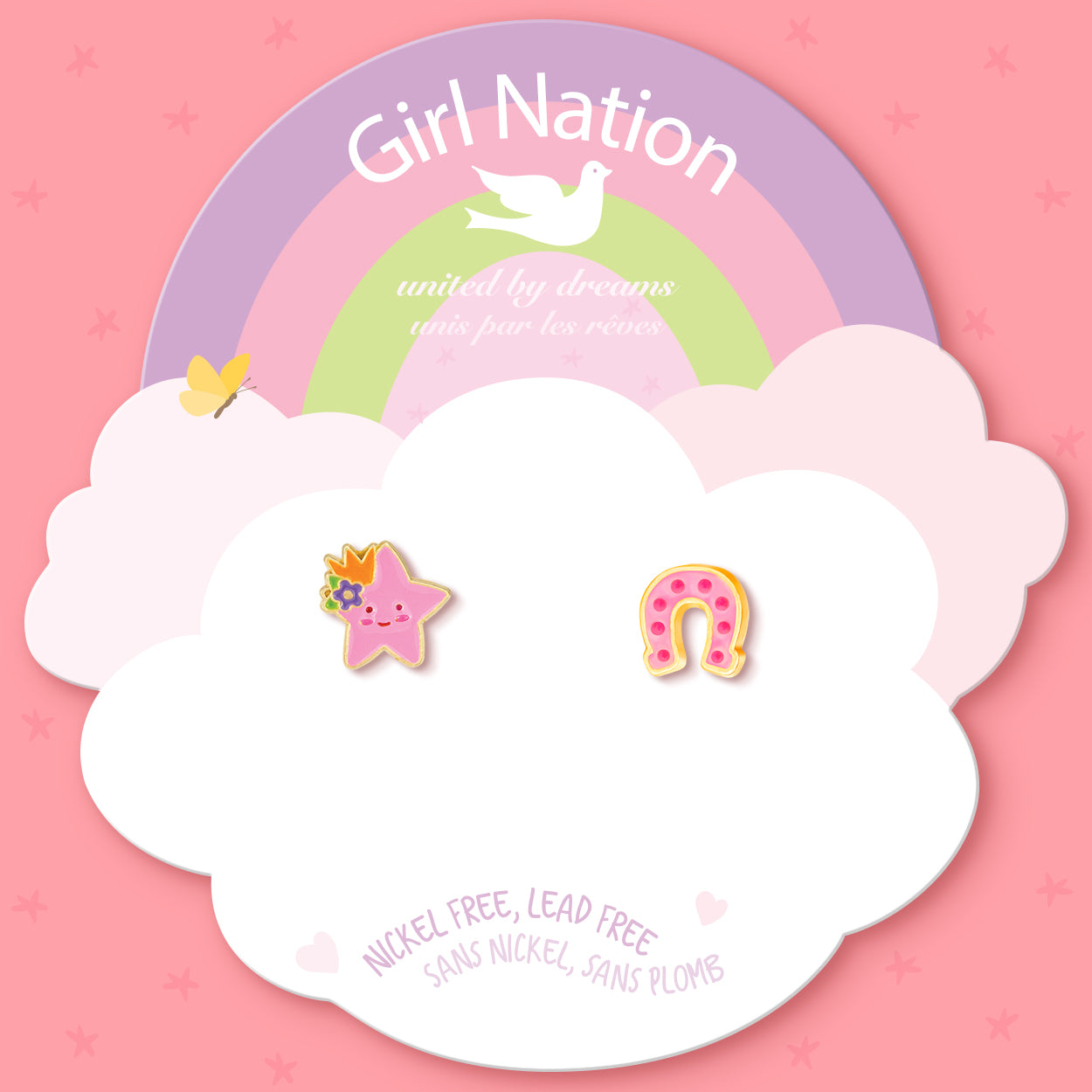 Macro shot of the mismatched luck-themed studs highlighting the skin-friendly surgical steel post and secure stay-on back. Durable and irritation-free for all-day comfort.