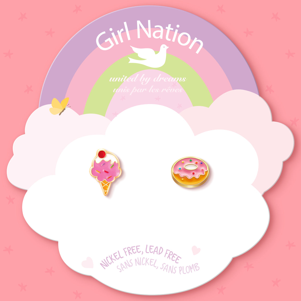 Macro shot of the dessert-themed studs highlighting the skin-friendly surgical steel post and secure stay-on back. Durable and irritation-free, making it a safe choice for children.