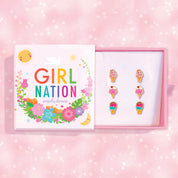 Triple Treasure Frosty Fun gift set for kids featuring soft serve, cherry-topped, and triple scoop ice cream stud earrings. Ideal summer or birthday gift made with hypoallergenic 316L surgical steel posts for safe wear in Canada.