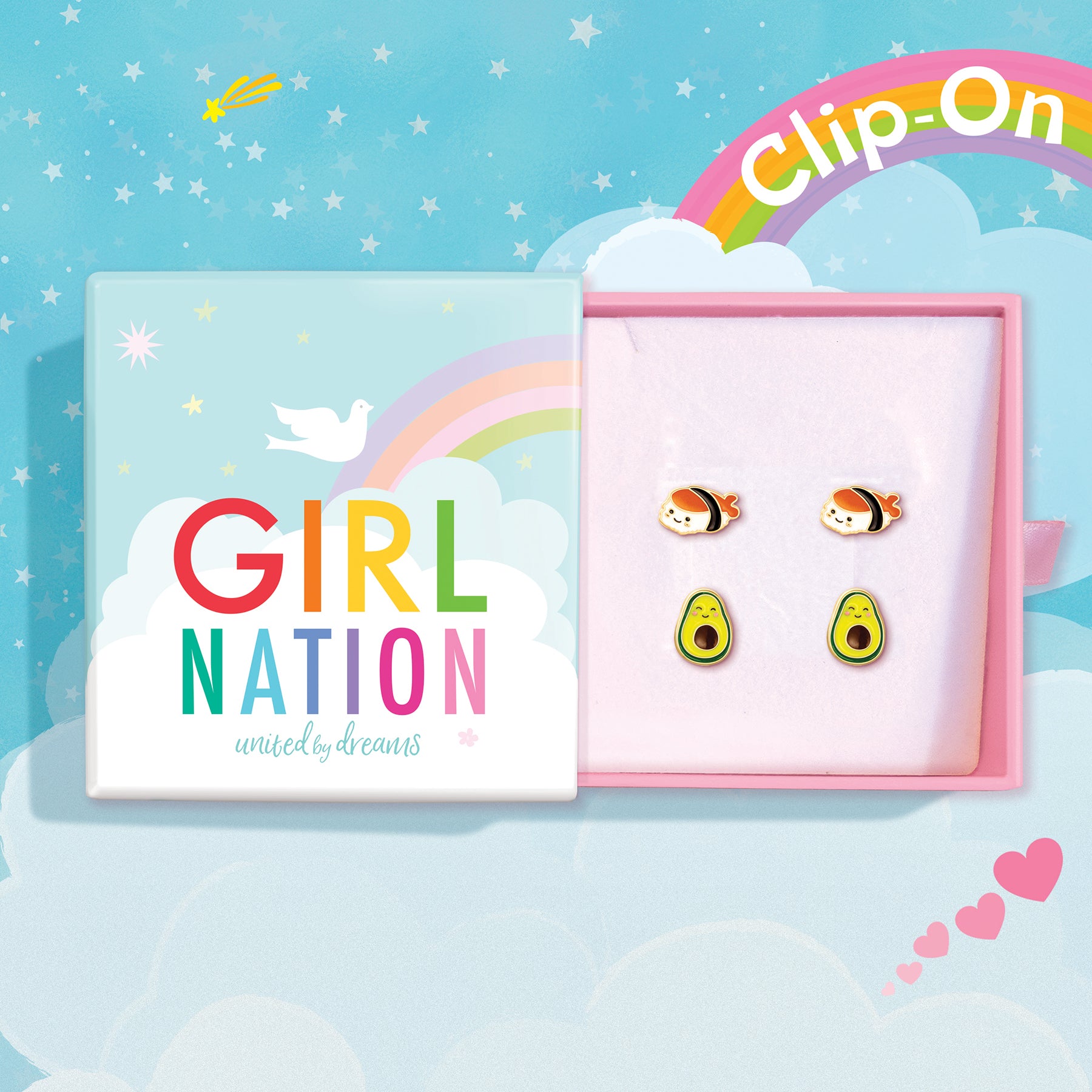 Hypoallergenic sushi earrings for girls and avocado jewelry for kids in Canada featuring comfortable clip on designs. Safe and stylish kids earrings for sensitive skin.