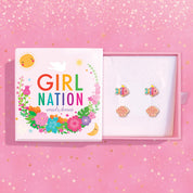 Summer vacation gift set for kids featuring rainbow fish and pink seashell stud earrings with 316L surgical steel posts. These hypoallergenic and nickel-free earrings from Girl Nation Canada are designed for safe and comfortable wear during beach trips and summer play.