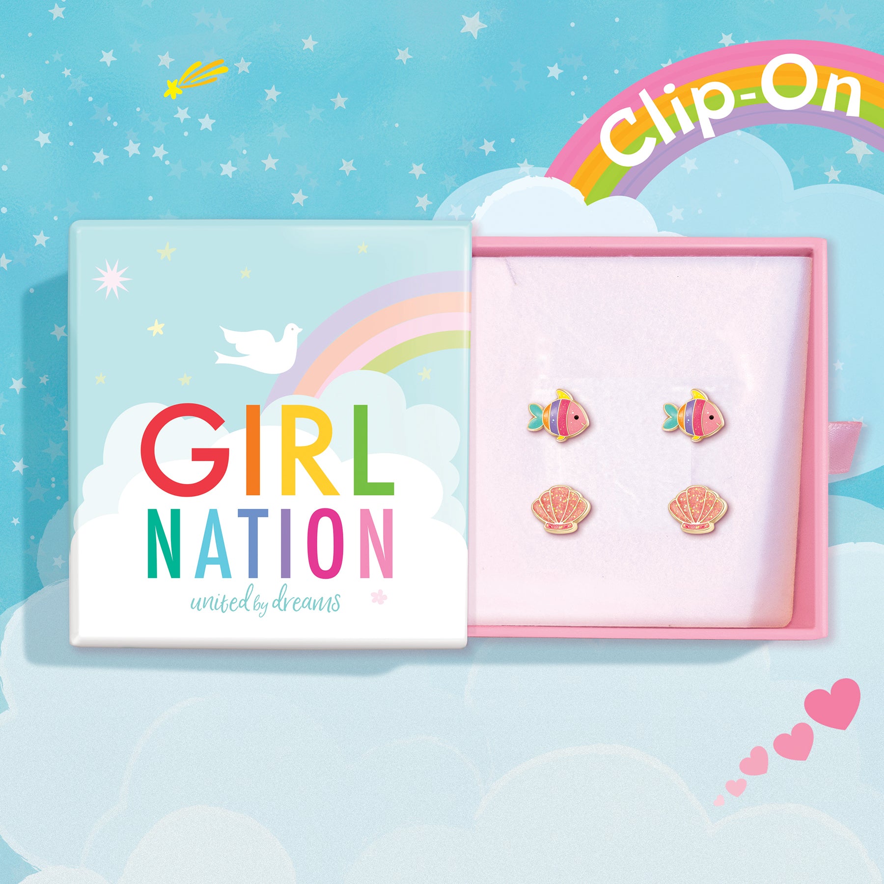 Hypoallergenic rainbow fish earrings for girls and shell jewelry for kids in Canada featuring comfortable clip on designs. Safe and stylish kids earrings for sensitive skin.