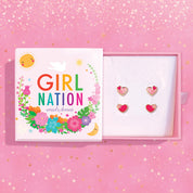 Valentine's Day and flower girl gift set for kids featuring two pairs of heart-shaped stud earrings with 316L surgical steel posts. These hypoallergenic and nickel-free earrings from Girl Nation Canada are designed for safe and comfortable wear for daughters and granddaughters.