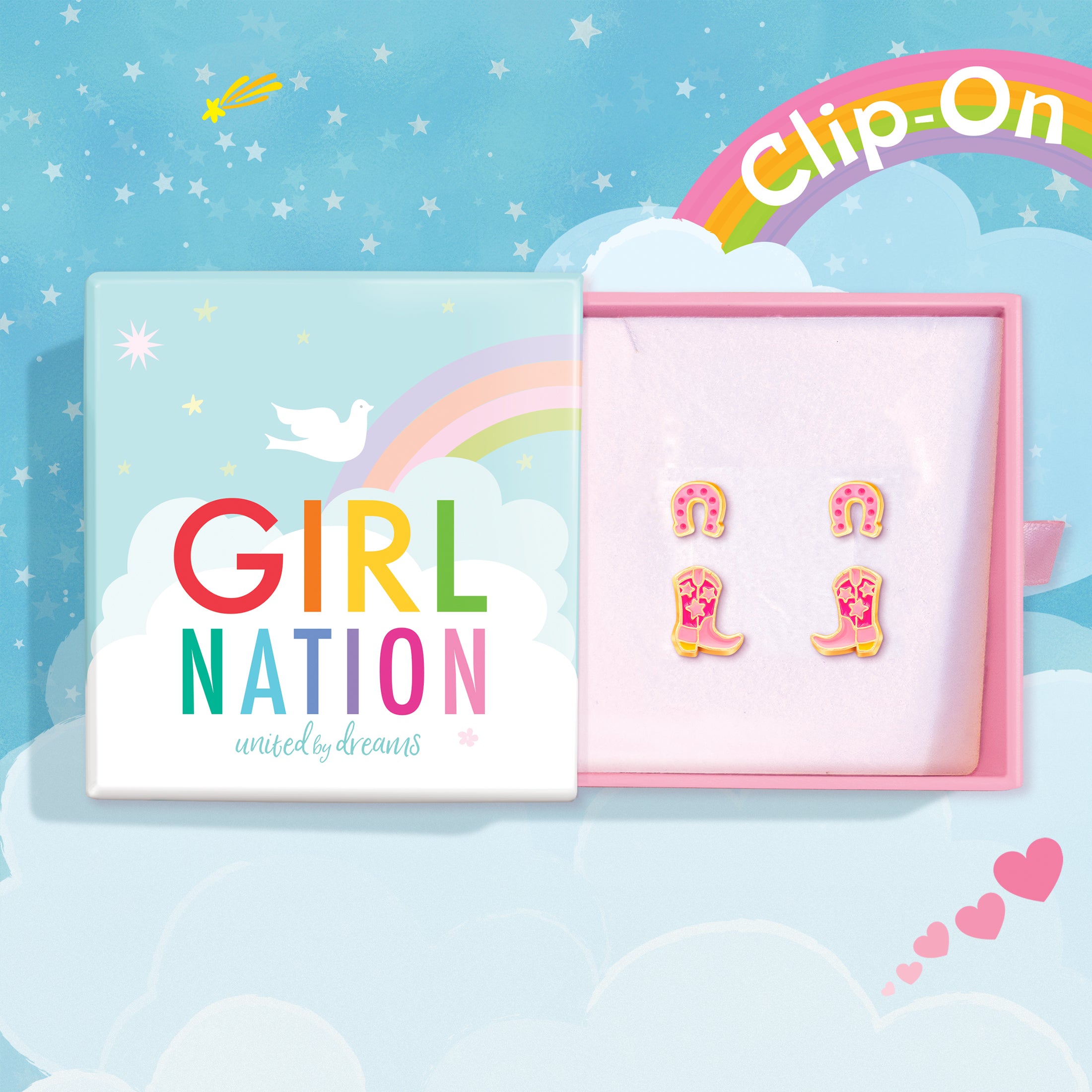 Hypoallergenic kids clip on earrings in Canada featuring pink horseshoe and cowboy boot designs for non-pierced ears. Safe and stylish kids earrings for children with sensitive skin.