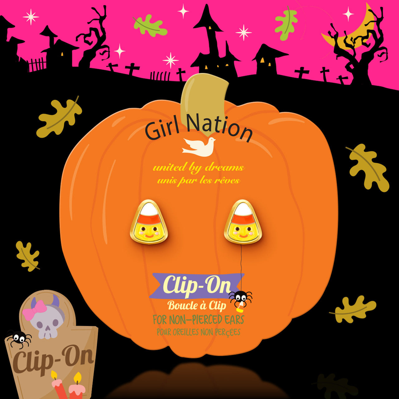 Detailed shot of the candy corn design showing the gentle-pressure clip back that keeps the earrings safely in place during holiday celebrations.