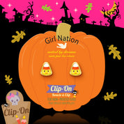 Detailed shot of the candy corn design showing the gentle-pressure clip back that keeps the earrings safely in place during holiday celebrations.