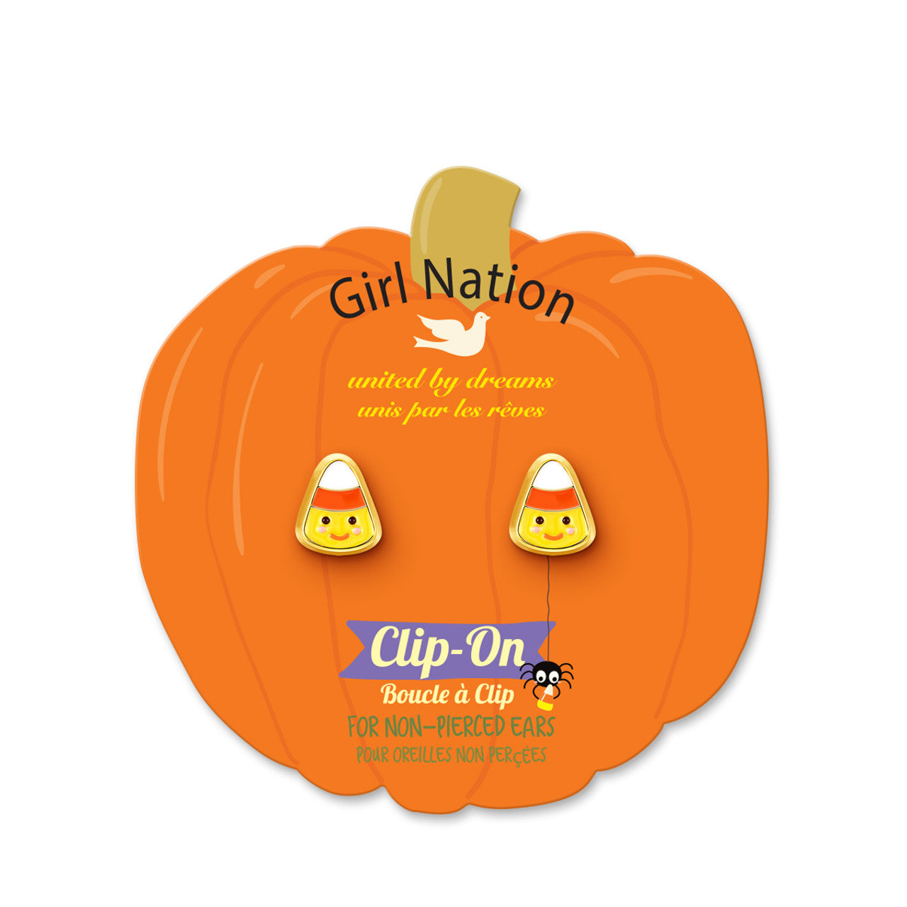 Festive Halloween Candy Corn clip-on earrings for kids, featuring a secure-fit and pain-free design. A sweet holiday gift for children with sensitive ears.