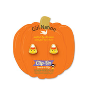 Festive Halloween Candy Corn clip-on earrings for kids, featuring a secure-fit and pain-free design. A sweet holiday gift for children with sensitive ears.