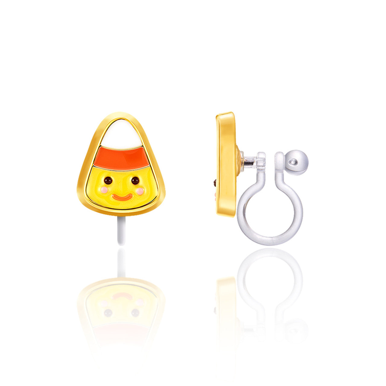 Festive Halloween Candy Corn clip-on earrings for kids, featuring a secure-fit and pain-free design. A sweet holiday gift for children with sensitive ears.
