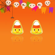 Detailed view of the candy corn studs featuring a secure-fit safety back. A hypoallergenic and skin-friendly choice for a granddaughter's festive jewelry collection.