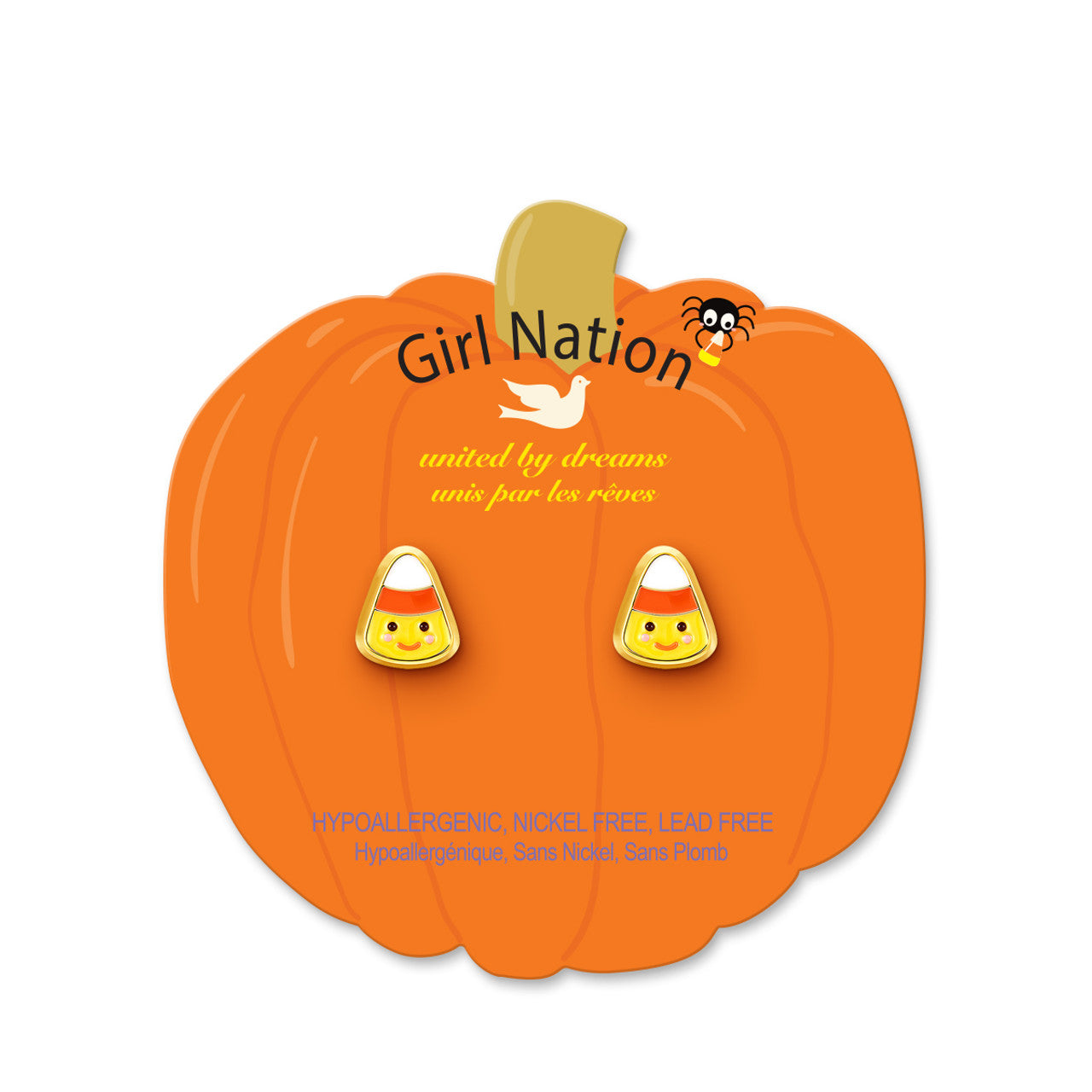 Detailed view of the candy corn studs featuring a secure-fit safety back. A hypoallergenic and skin-friendly choice for a granddaughter's festive jewelry collection.