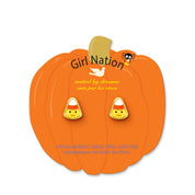 Detailed view of the candy corn studs featuring a secure-fit safety back. A hypoallergenic and skin-friendly choice for a granddaughter's festive jewelry collection.