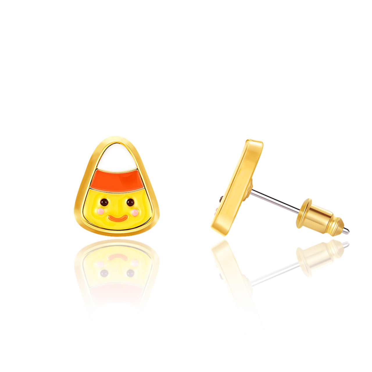 Sweet Halloween Candy Corn stud earrings for kids, featuring a hypoallergenic finish and a secure safety back. A colorful and safe Halloween-themed gift for girls.