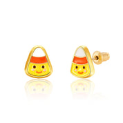 Sweet Halloween Candy Corn stud earrings for kids, featuring a hypoallergenic finish and a secure safety back. A colorful and safe Halloween-themed gift for girls.