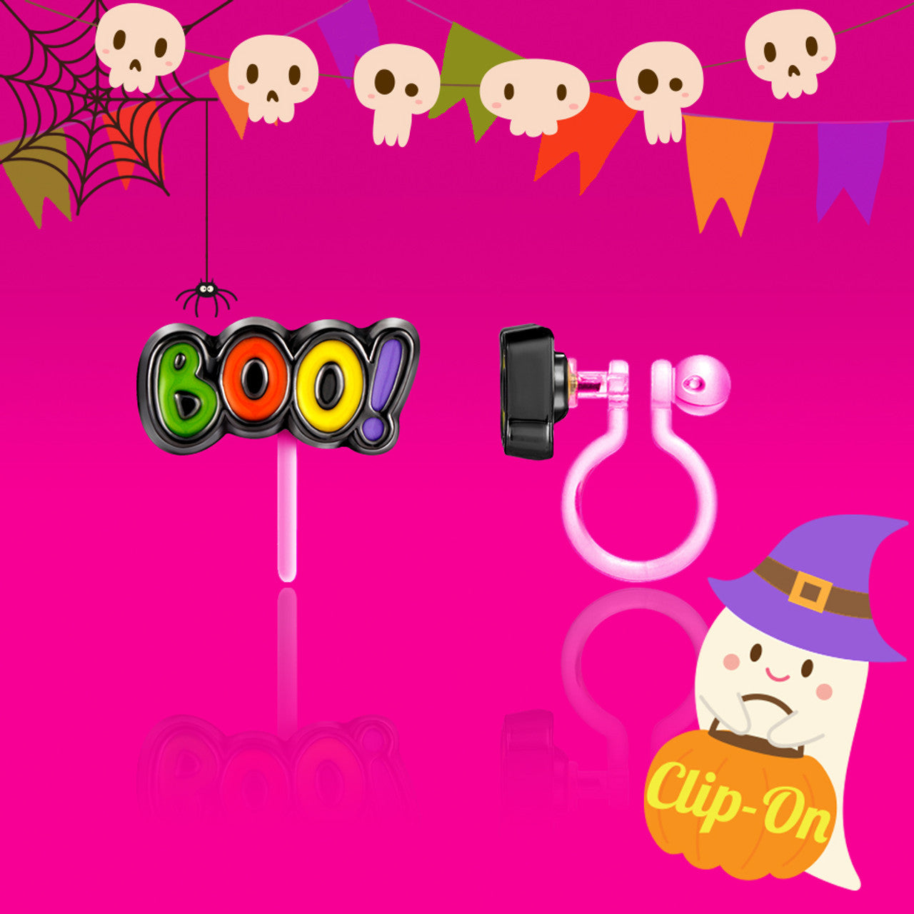 Close-up of the ghost design highlighting the comfortable fit and stay-on security for kids who don't have pierced ears.