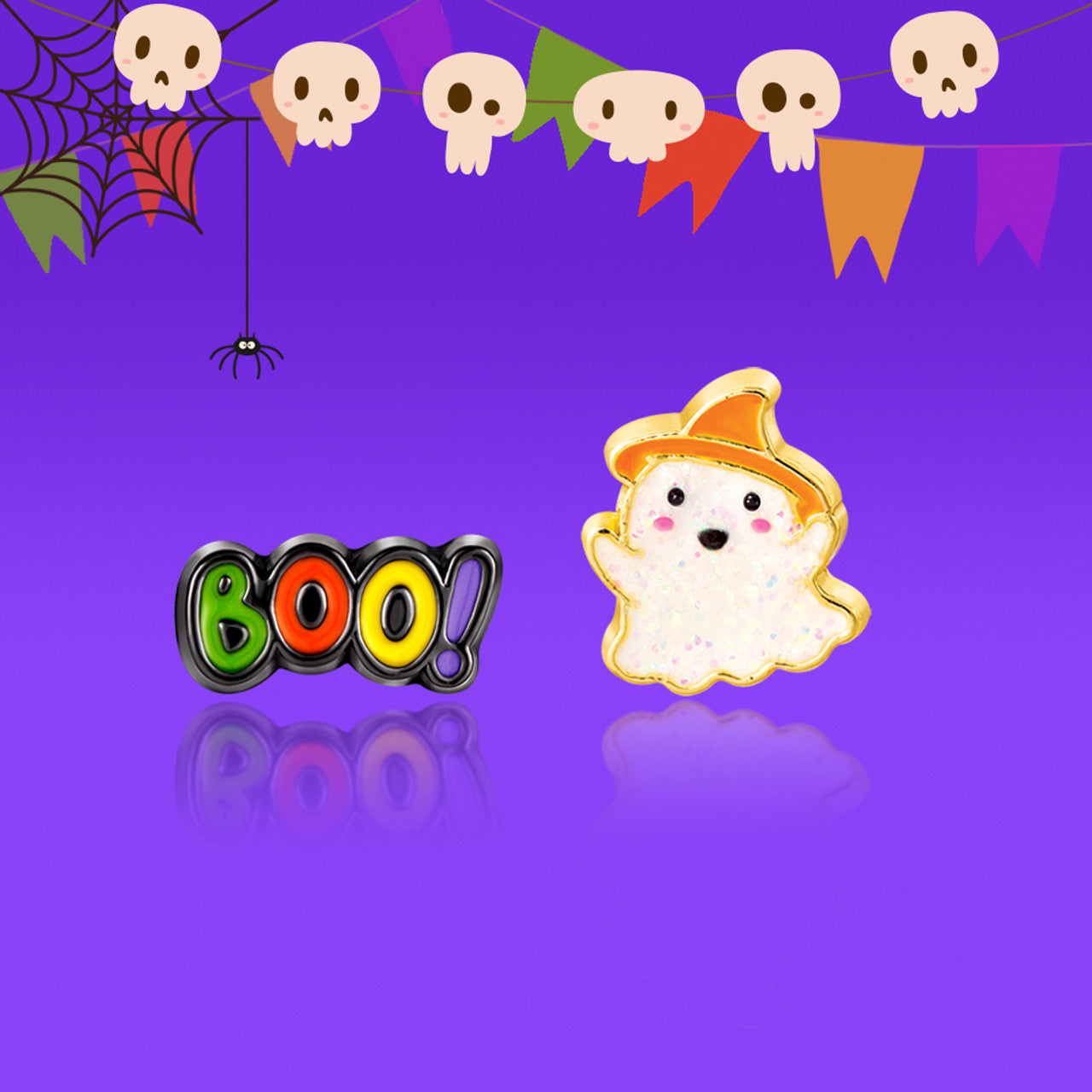 Festive Halloween Spooky Squad stud earrings for girls, featuring a hypoallergenic and secure-fit safety back. A magical Halloween gift for sensitive ears.