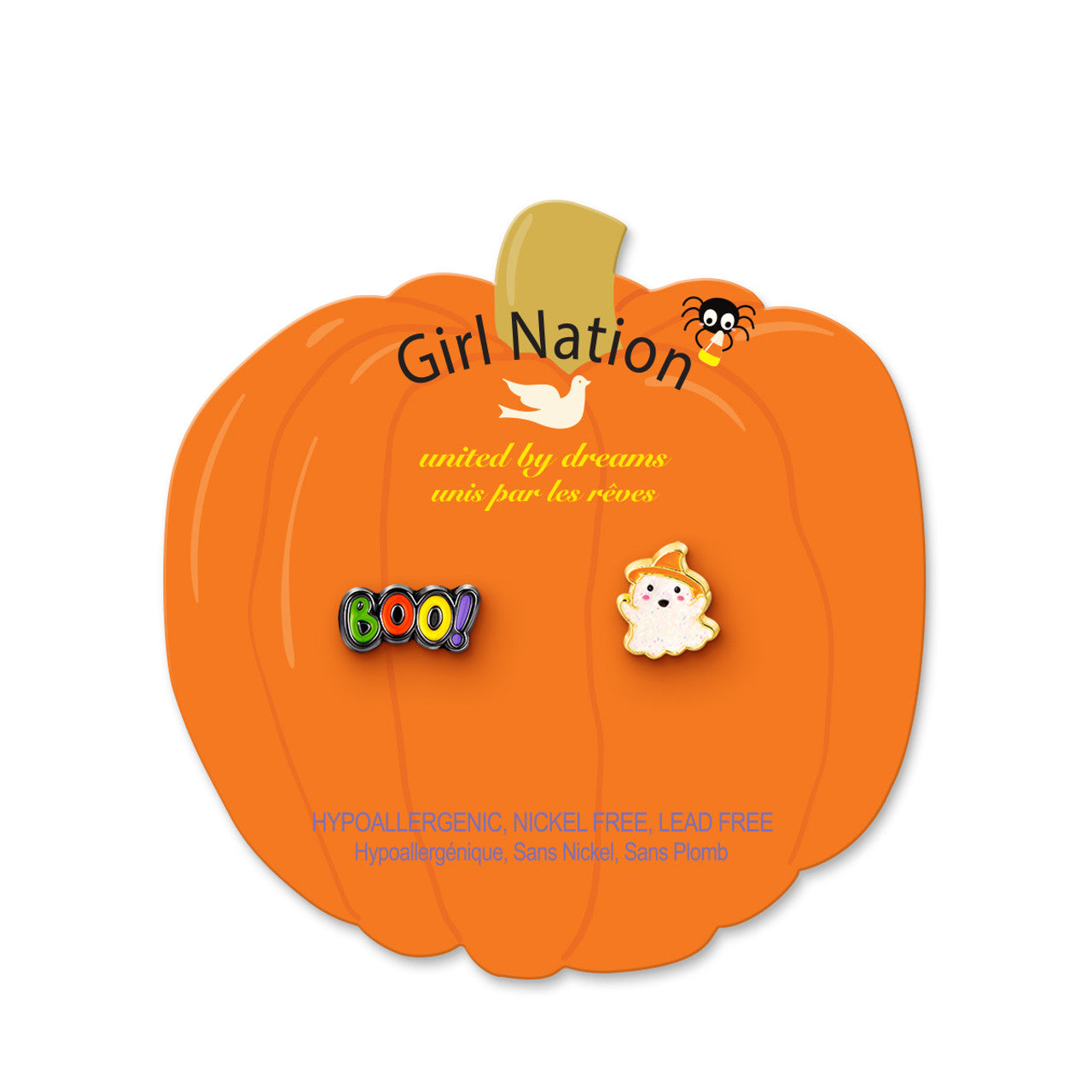 Detailed shot of the spooky squad studs showing the protective back that ensures comfort during holiday play. A safe, nickel-free choice for children's skin.