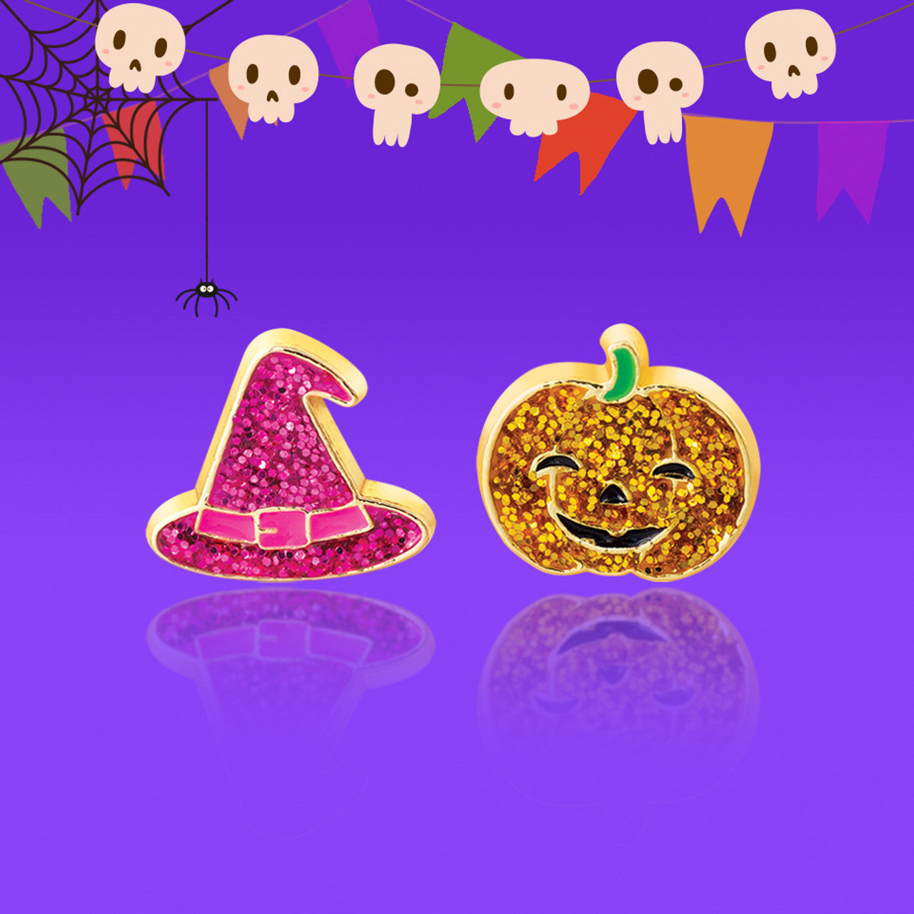 Enchanting Halloween Pumpkin Magic stud earrings for girls, featuring a secure safety back and skin-safe surgical steel. A perfect Halloween jewelry gift for granddaughters.