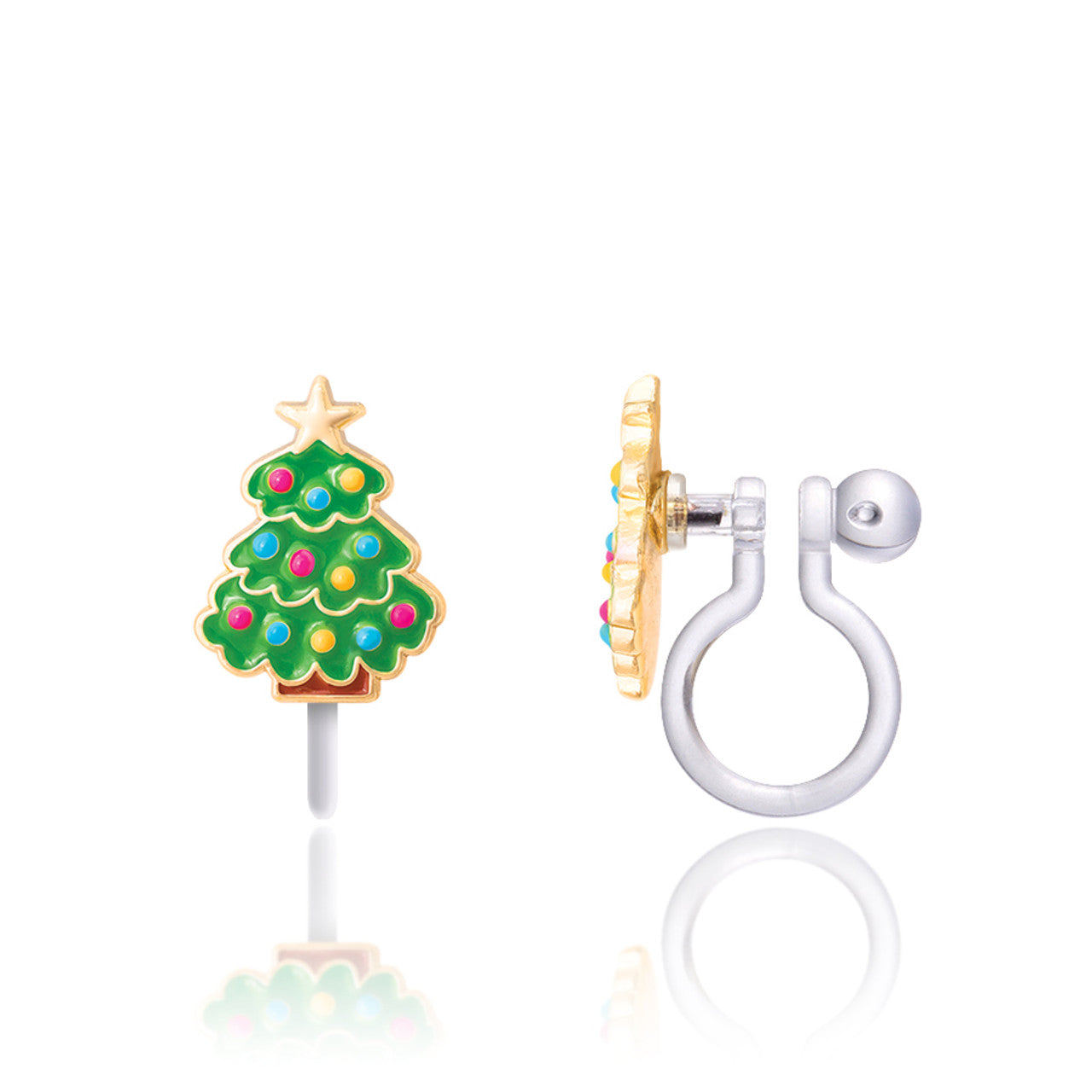 Festive Happy Christmas Tree clip-on earrings for kids, featuring a stay-on secure clip and a pain-free, comfort fit.