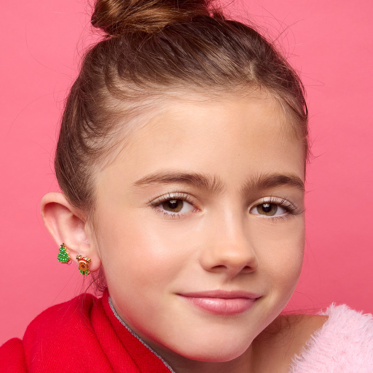 Festive Happy Christmas Tree clip-on earrings for kids, featuring a stay-on secure clip and a pain-free, comfort fit.