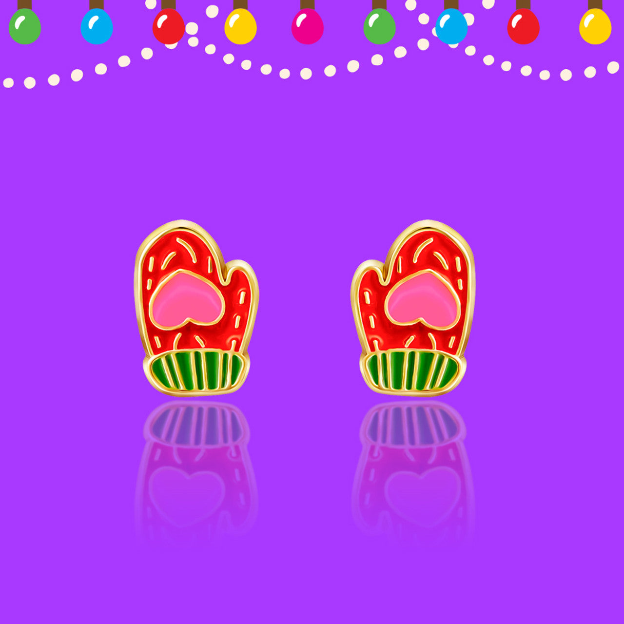 Macro view of the mitten studs highlighting the detailed enamel and secure stay-on back. A family-approved, nickel-free choice for stylish and festive young girls.