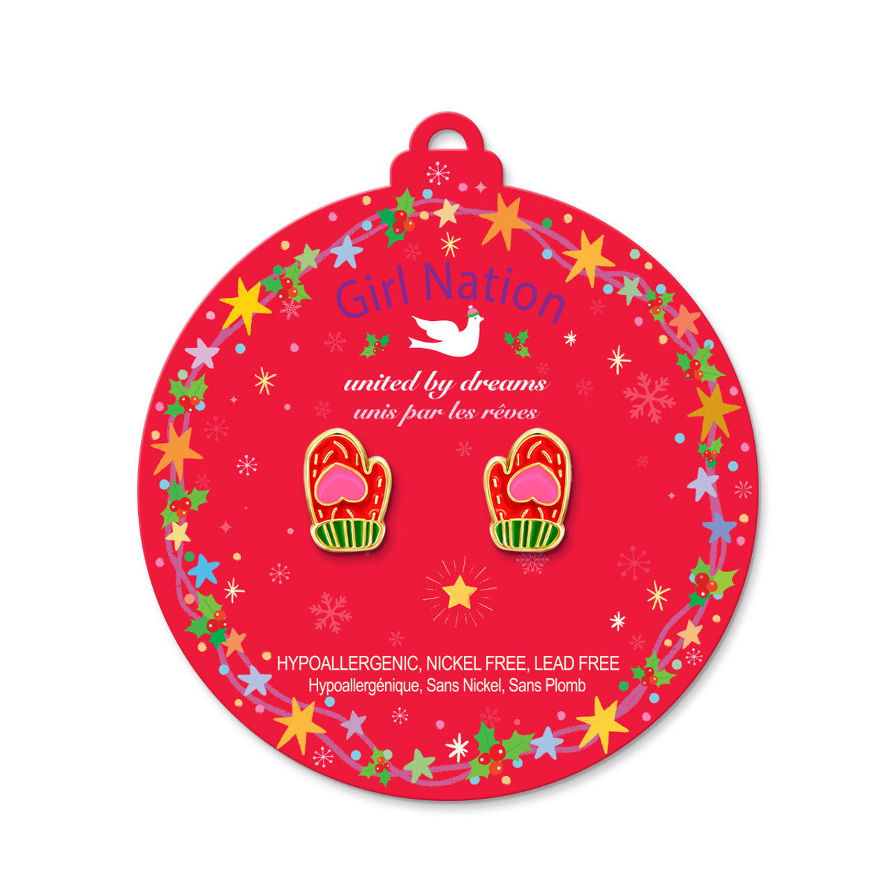 Macro view of the mitten studs highlighting the detailed enamel and secure stay-on back. A family-approved, nickel-free choice for stylish and festive young girls.