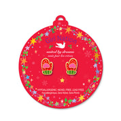 Macro view of the mitten studs highlighting the detailed enamel and secure stay-on back. A family-approved, nickel-free choice for stylish and festive young girls.