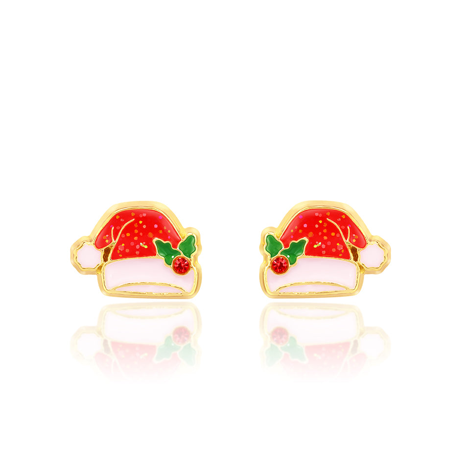 Red and gold Santa hat stud earrings for kids with holly leaves and crystal berry detail