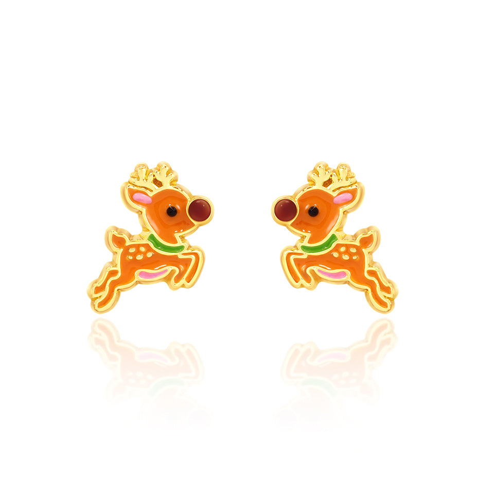 Orange and gold reindeer stud earrings for kids with green scarf and red nose detail