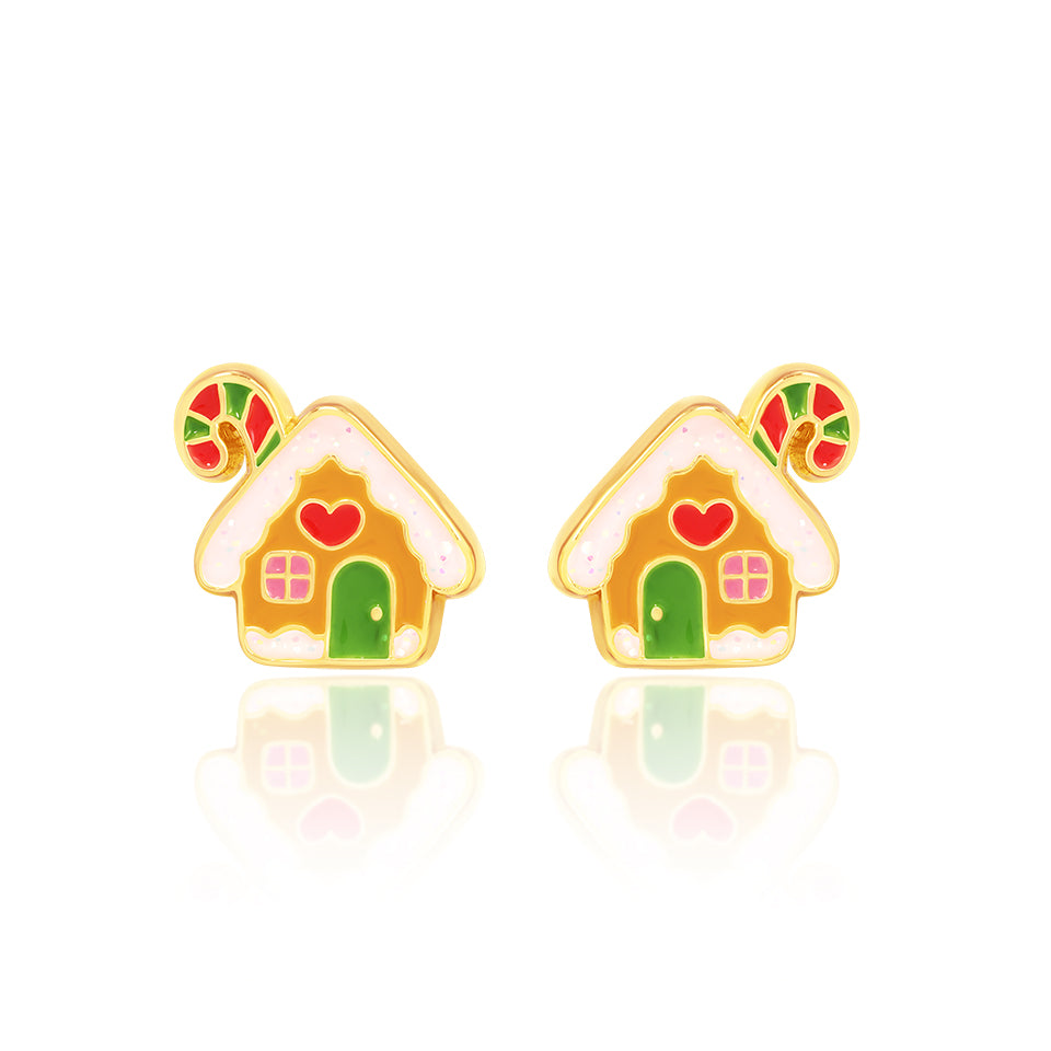 Gold gingerbread house stud earrings for kids with candy cane and heart window detail